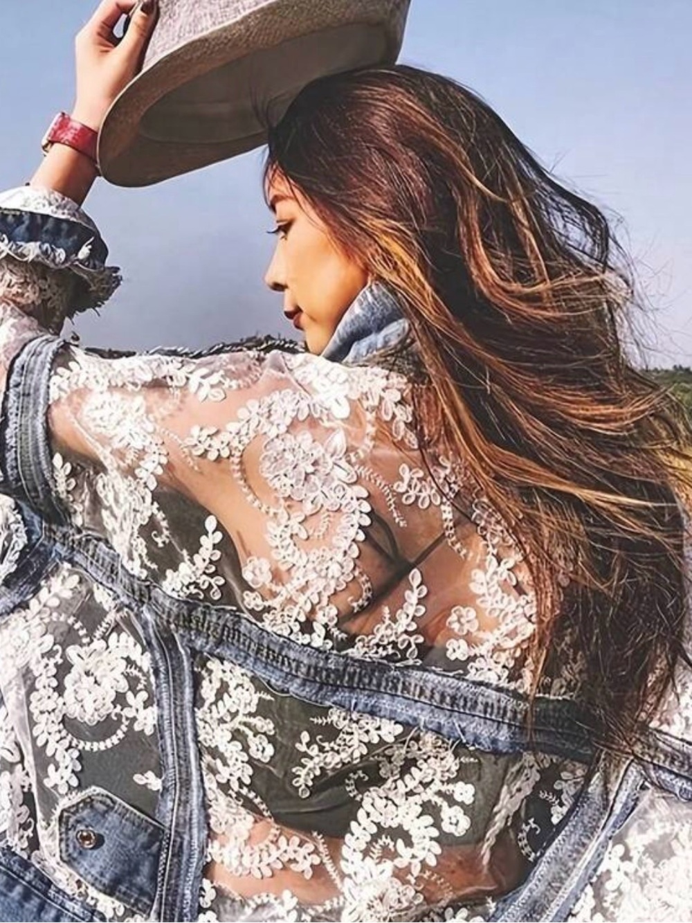 Sheer Embroidered Lace Denim Jacket - White Lace on Blue - Picture 1 of 5